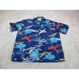 Paradise Found Shirt Mens Medium Blue Airplane Pilot Aviation Print Hawaiian